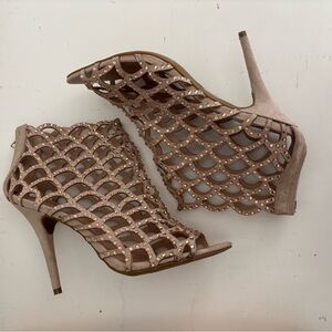 Zigi Soho Duran Crystal Rhinestone Embellished Cage Heels, Beige Suede, Size 10